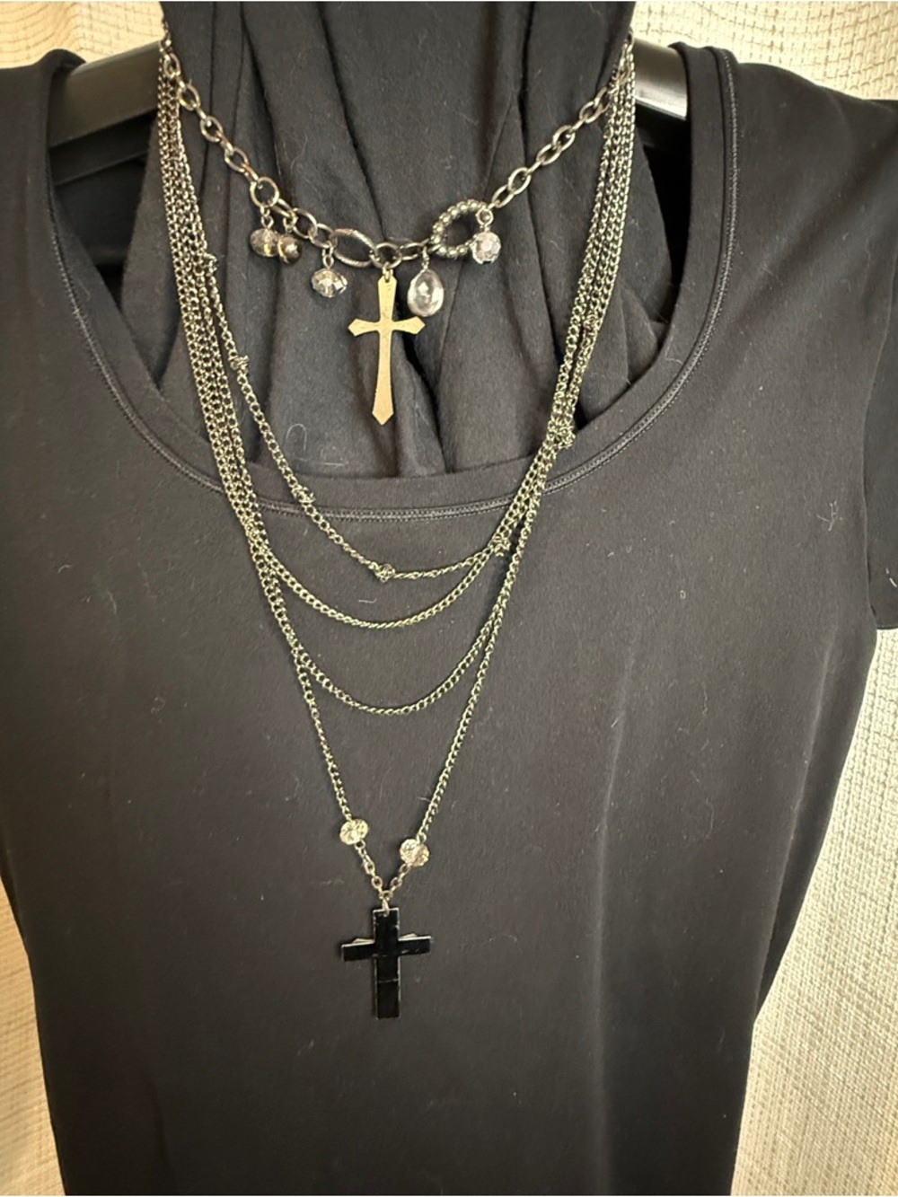Source Unknown Gunmetal Multi-Layer Cross Necklace with Crystal Drops - Picture 3 of 6